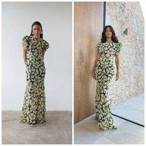 De La Vali Bougainvillea Maxi Dress Green Black Floral Size 2 MISSING SLIP